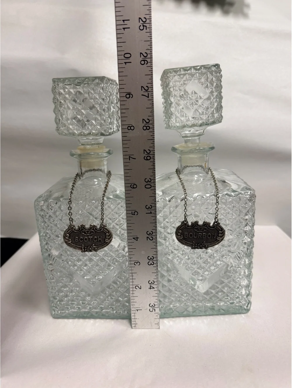 Vintage MCM Cut Glass Decanter Set with Scotch and Bourbon Tags